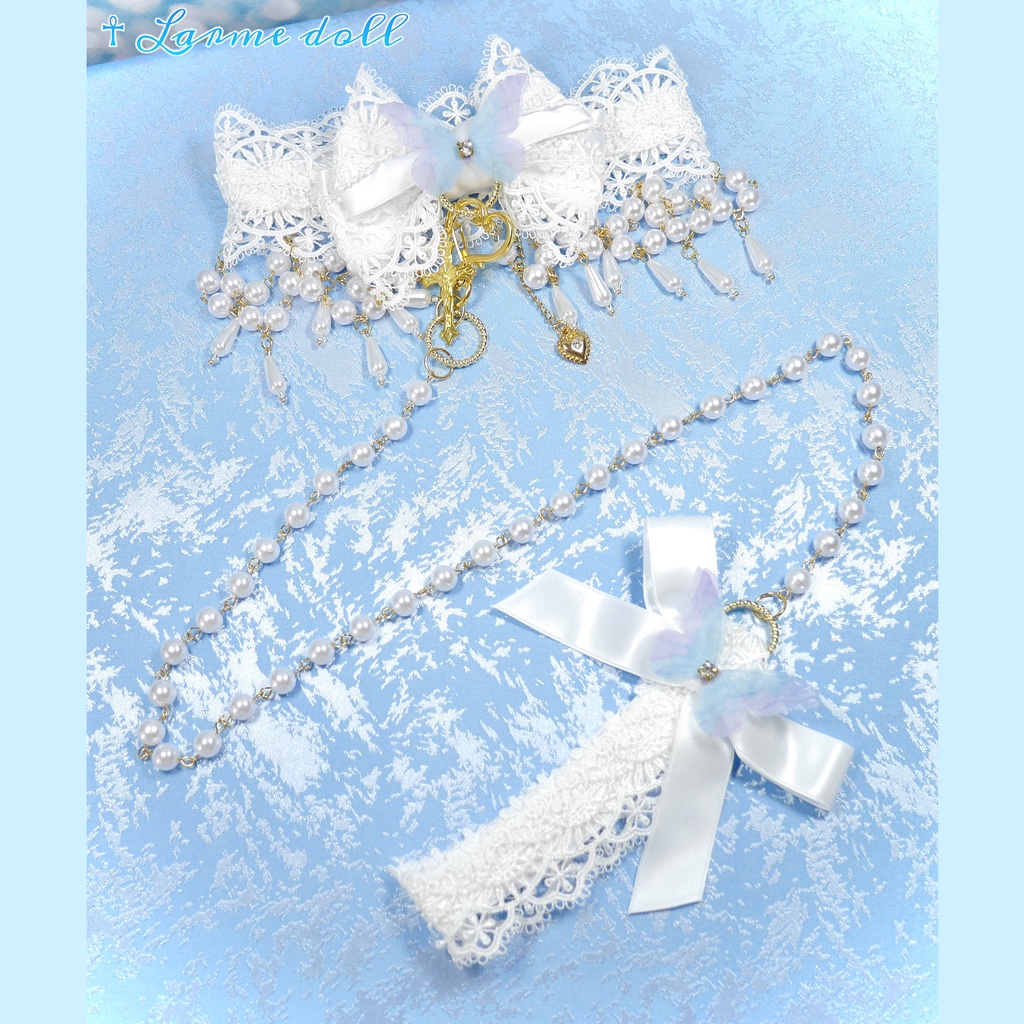 【受注生産】《☥》ロリィタリボンチョーカー リード有無変更可能 (アクリル製丸パールビーズタイプ)(カラー▷白)