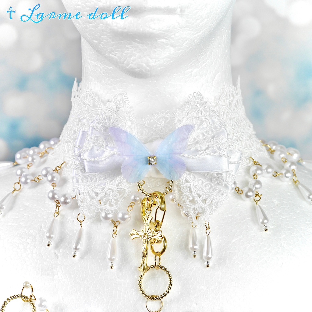 【受注生産】《☥》ロリィタリボンチョーカー リード有無変更可能 (アクリル製丸パールビーズタイプ)(カラー▷白)