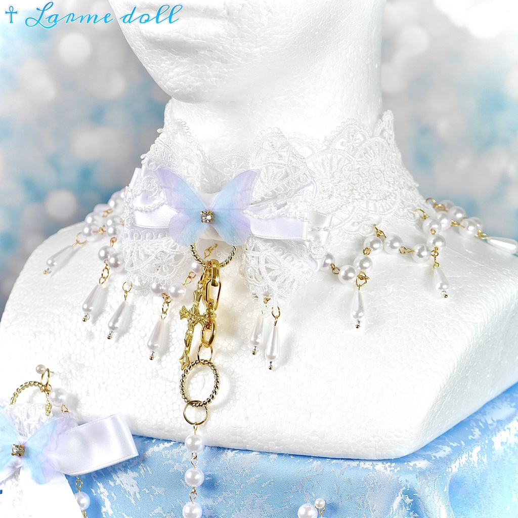 【受注生産】《☥》ロリィタリボンチョーカー リード有無変更可能 (アクリル製丸パールビーズタイプ)(カラー▷白)