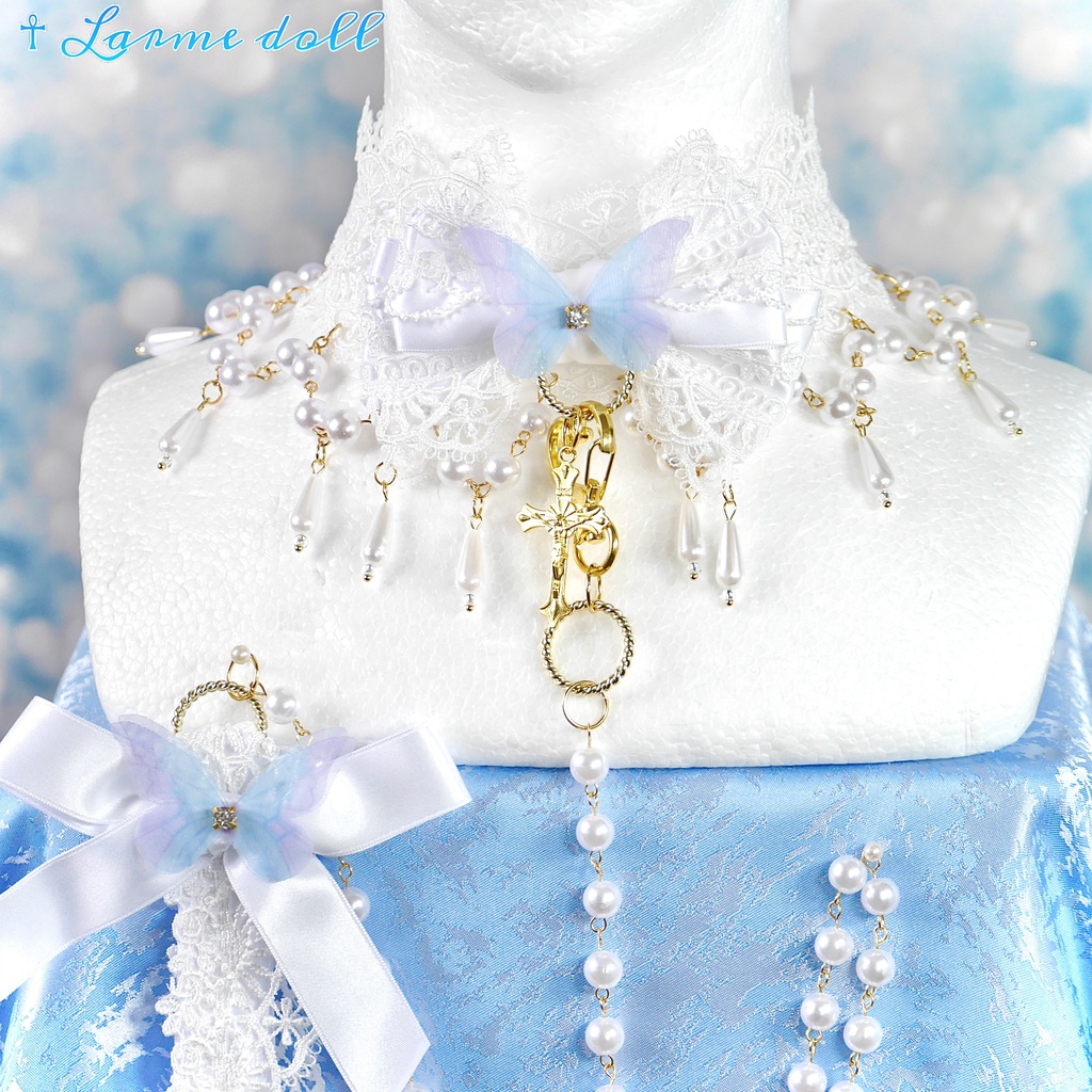 【受注生産】《☥》ロリィタリボンチョーカー リード有無変更可能 (アクリル製丸パールビーズタイプ)(カラー▷白)