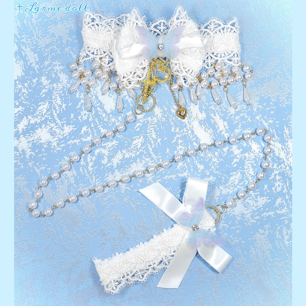 【受注生産】《☥》ロリィタリボンチョーカー リード有無変更可能 (アクリル製丸パールビーズタイプ)(カラー▷白)