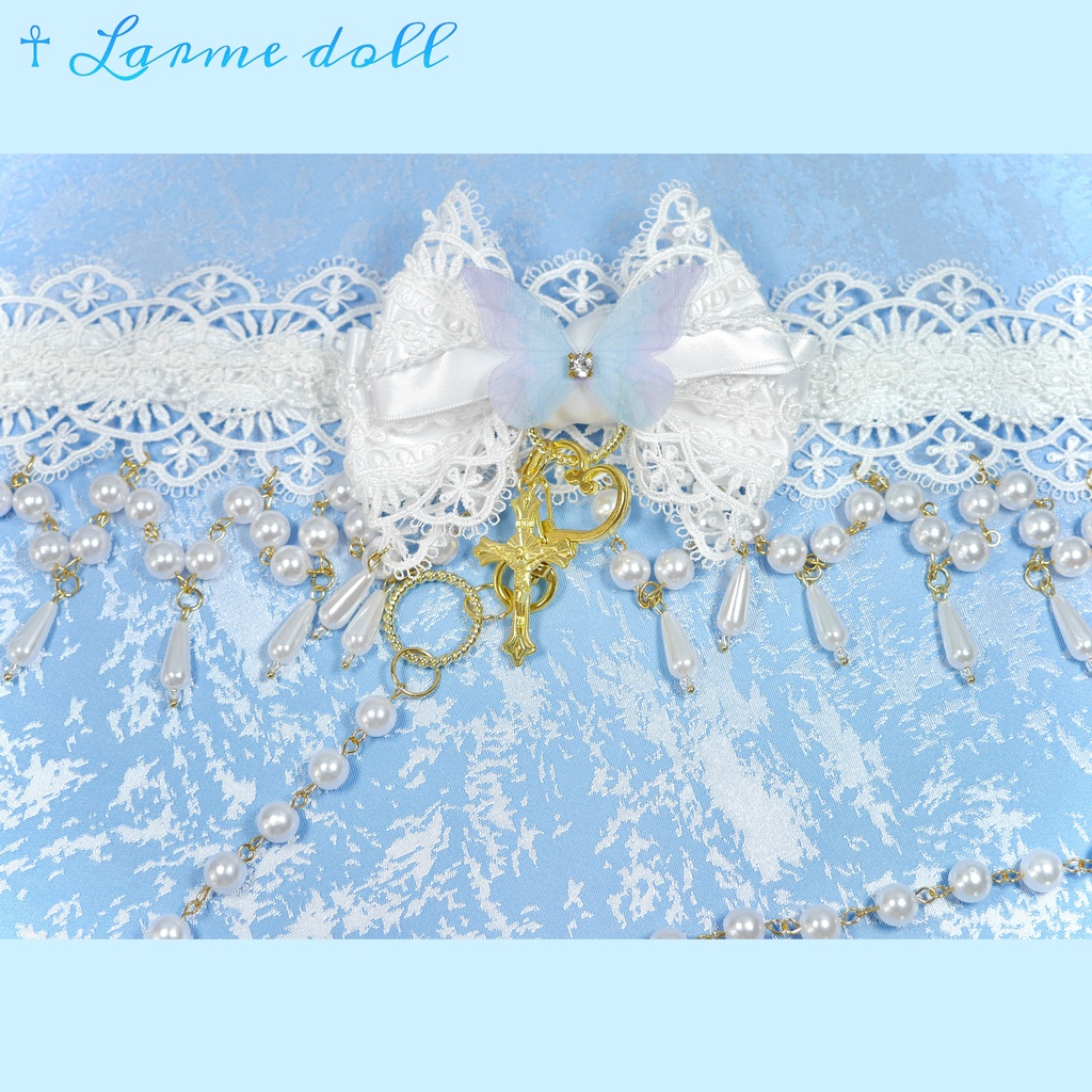 【受注生産】《☥》ロリィタリボンチョーカー リード有無変更可能 (アクリル製丸パールビーズタイプ)(カラー▷白)