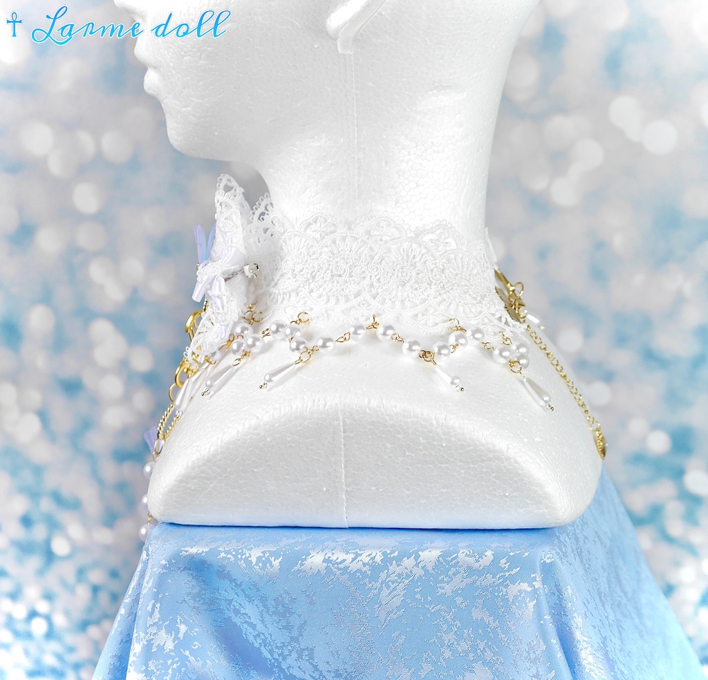 【受注生産】《☥》ロリィタリボンチョーカー リード有無変更可能 (アクリル製丸パールビーズタイプ)(カラー▷白)