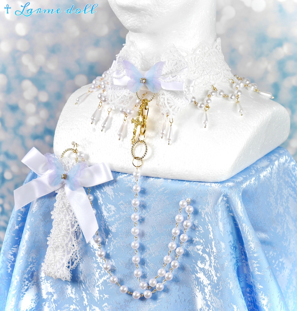 【受注生産】《☥》ロリィタリボンチョーカー リード有無変更可能 (アクリル製丸パールビーズタイプ)(カラー▷白)