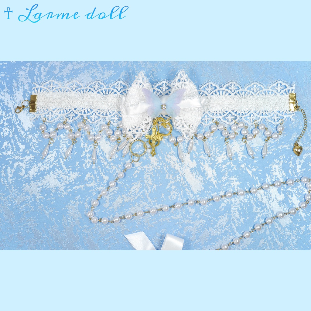 【受注生産】《☥》ロリィタリボンチョーカー リード有無変更可能 (アクリル製丸パールビーズタイプ)(カラー▷白)