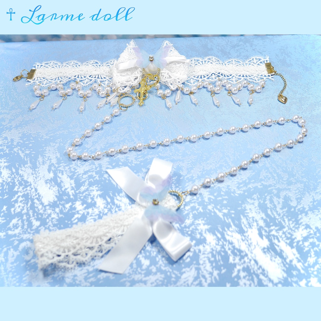 【受注生産】《☥》ロリィタリボンチョーカー リード有無変更可能 (アクリル製丸パールビーズタイプ)(カラー▷白)