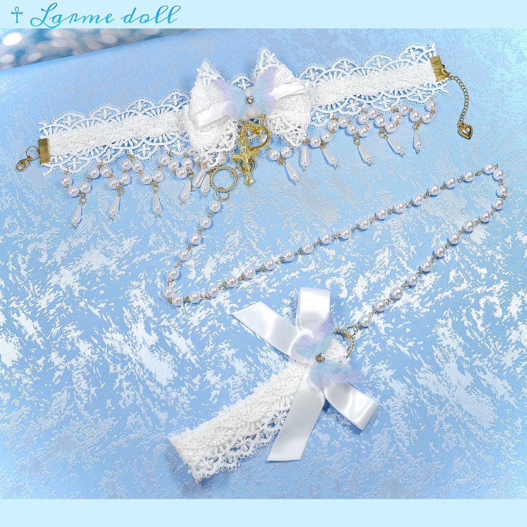 【受注生産】《☥》ロリィタリボンチョーカー リード有無変更可能 (アクリル製丸パールビーズタイプ)(カラー▷白)