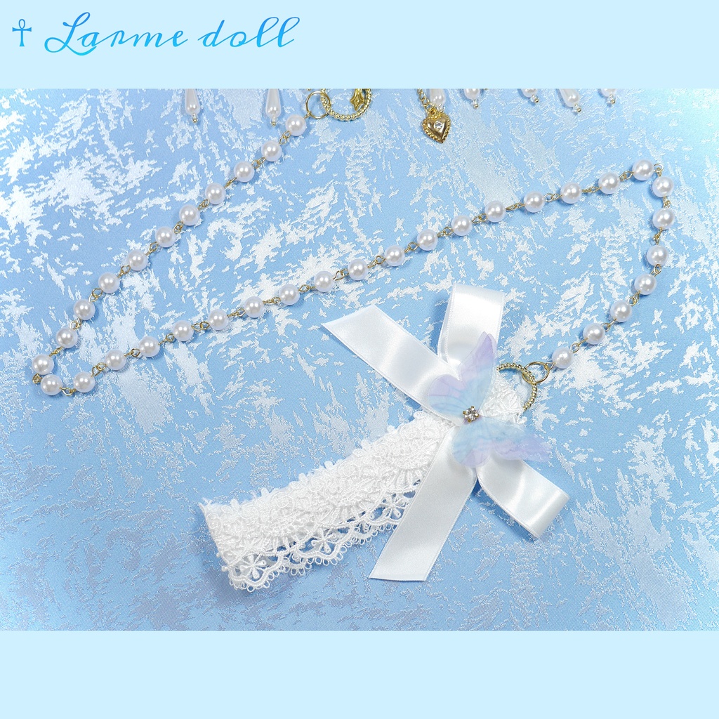 【受注生産】《☥》ロリィタリボンチョーカー リード有無変更可能 (アクリル製丸パールビーズタイプ)(カラー▷白)