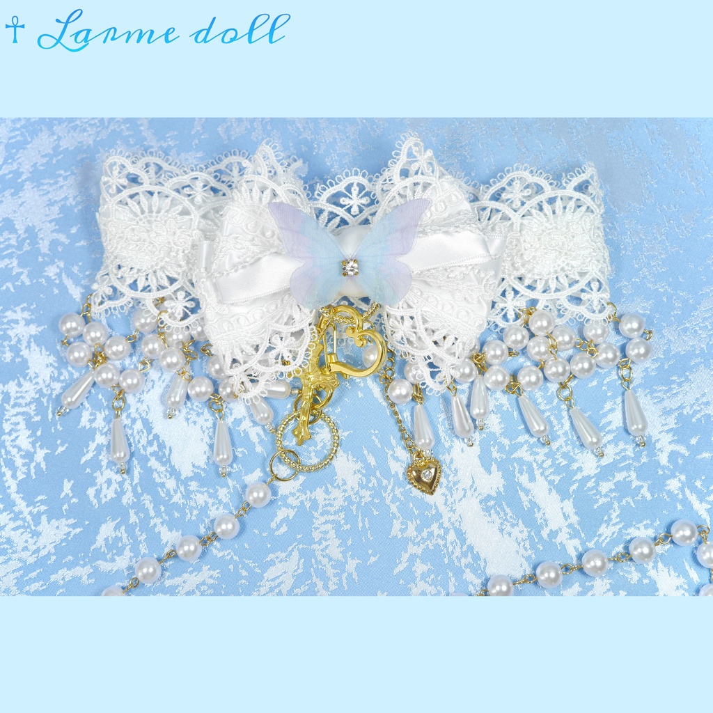 【受注生産】《☥》ロリィタリボンチョーカー リード有無変更可能 (アクリル製丸パールビーズタイプ)(カラー▷白)