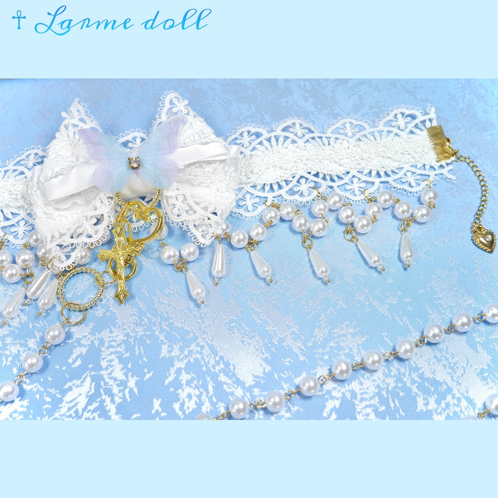 【受注生産】《☥》ロリィタリボンチョーカー リード有無変更可能 (アクリル製丸パールビーズタイプ)(カラー▷白)