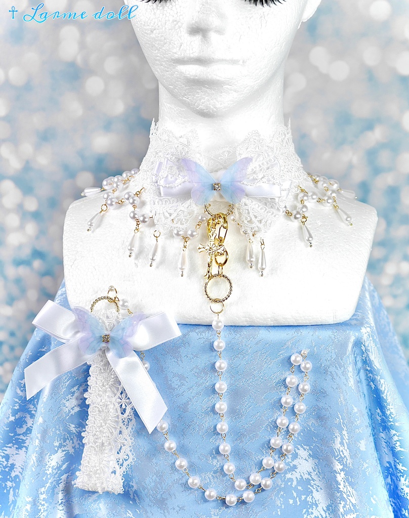 【受注生産】《☥》ロリィタリボンチョーカー リード有無変更可能 (アクリル製丸パールビーズタイプ)(カラー▷白)