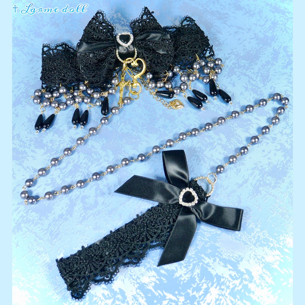 【受注生産】《☥》ロリィタリボンチョーカー リード有無変更可能 (アクリル製丸パールビーズタイプ)(カラー▷黒)