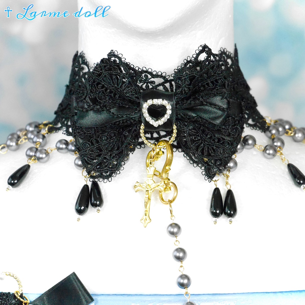 【受注生産】《☥》ロリィタリボンチョーカー リード有無変更可能 (アクリル製丸パールビーズタイプ)(カラー▷黒)