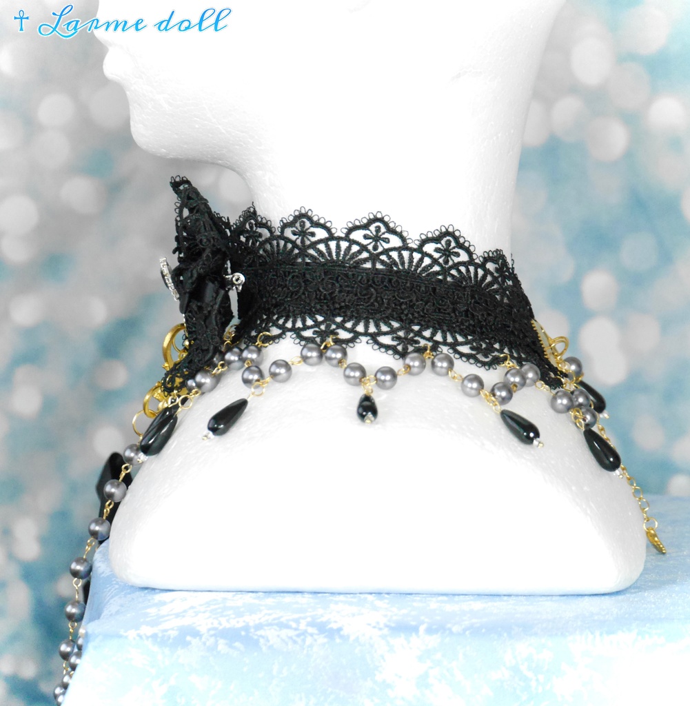 【受注生産】《☥》ロリィタリボンチョーカー リード有無変更可能 (アクリル製丸パールビーズタイプ)(カラー▷黒)