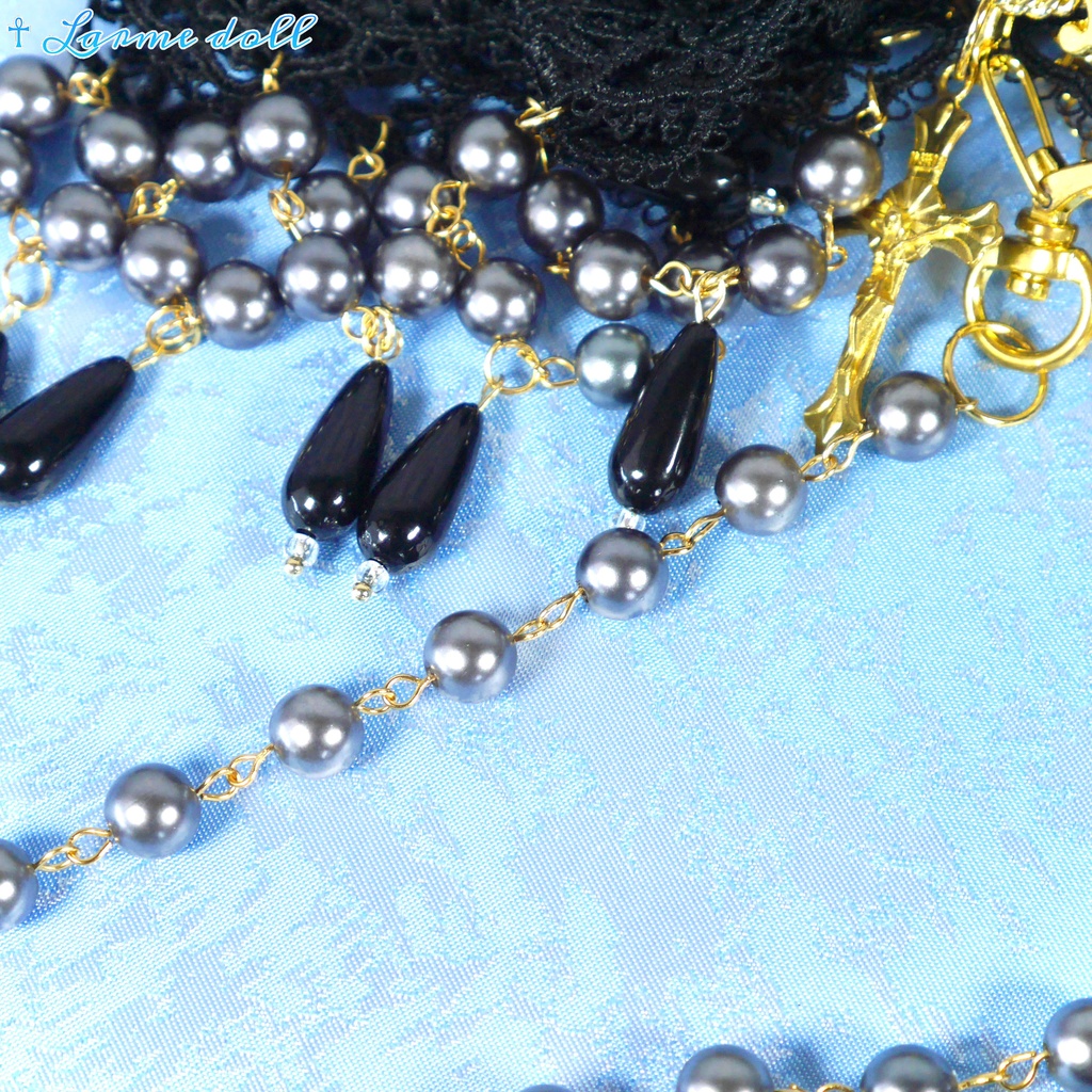 【受注生産】《☥》ロリィタリボンチョーカー リード有無変更可能 (アクリル製丸パールビーズタイプ)(カラー▷黒)