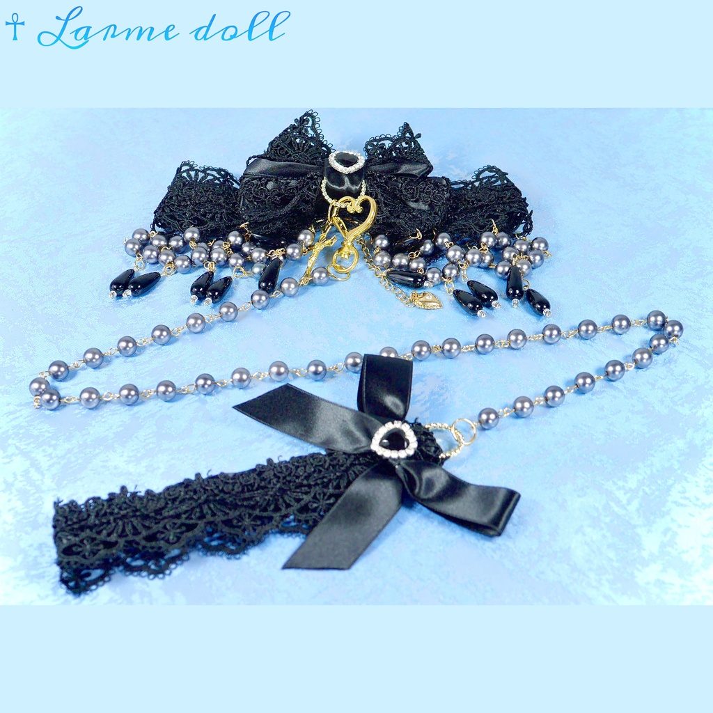 【受注生産】《☥》ロリィタリボンチョーカー リード有無変更可能 (アクリル製丸パールビーズタイプ)(カラー▷黒)