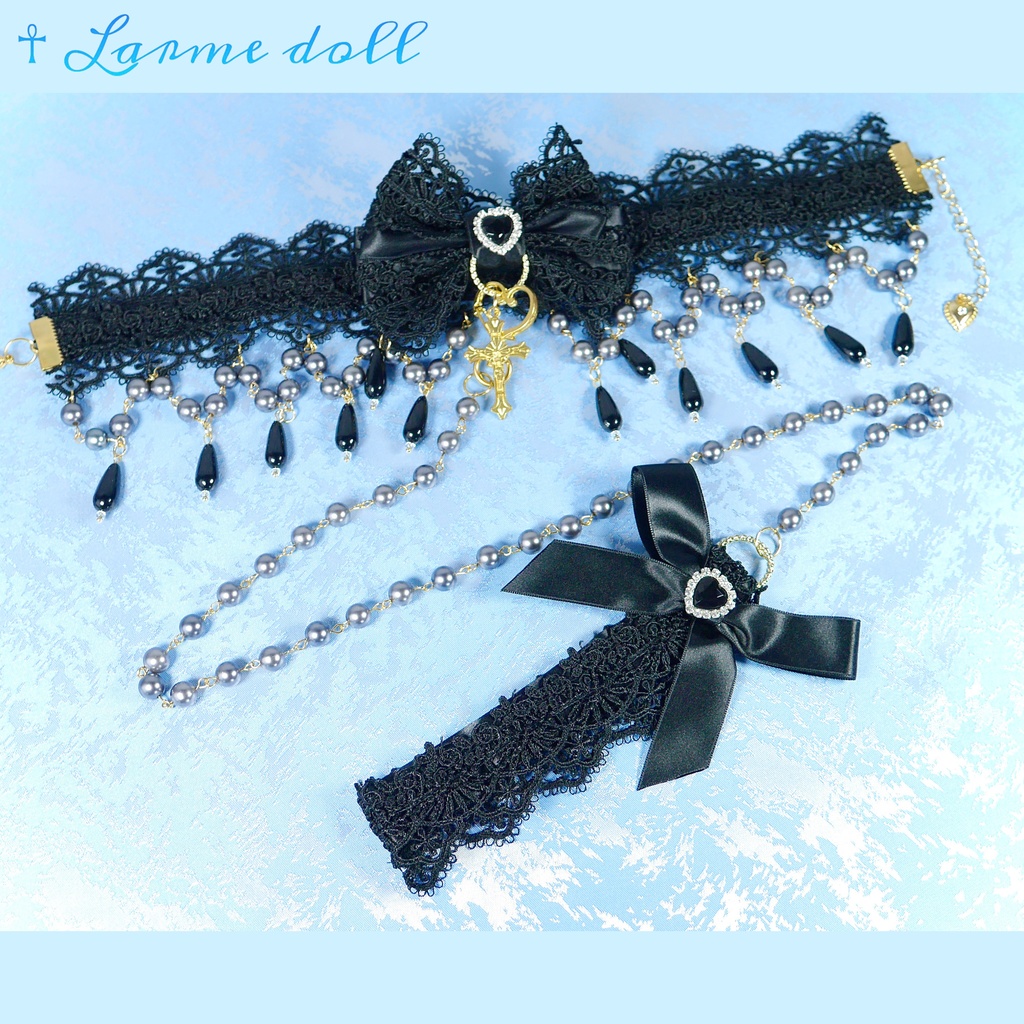 【受注生産】《☥》ロリィタリボンチョーカー リード有無変更可能 (アクリル製丸パールビーズタイプ)(カラー▷黒)