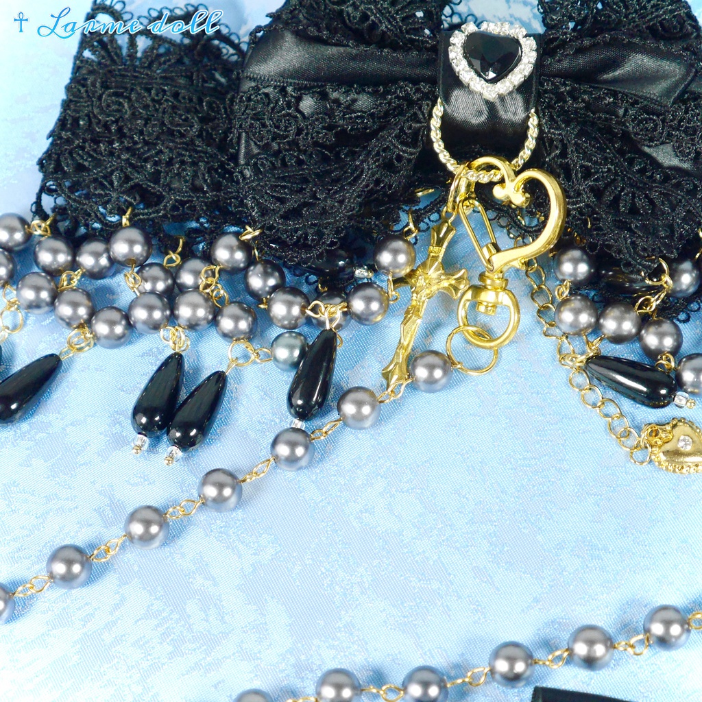 【受注生産】《☥》ロリィタリボンチョーカー リード有無変更可能 (アクリル製丸パールビーズタイプ)(カラー▷黒)