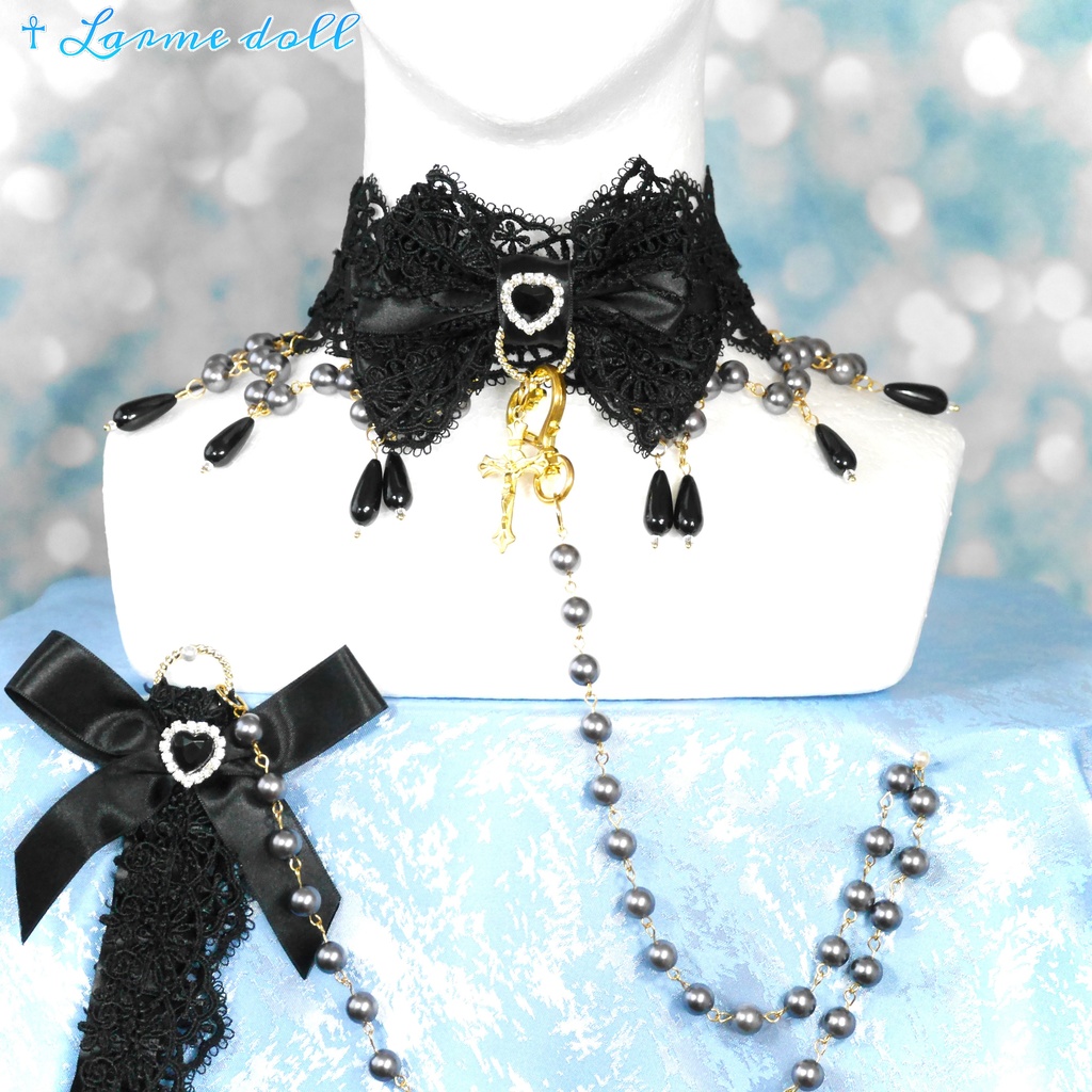 【受注生産】《☥》ロリィタリボンチョーカー リード有無変更可能 (アクリル製丸パールビーズタイプ)(カラー▷黒)