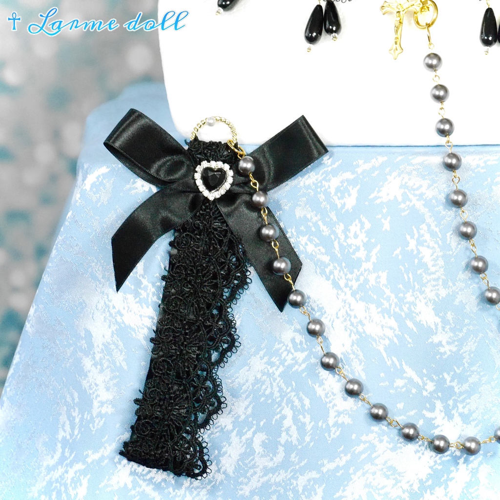 【受注生産】《☥》ロリィタリボンチョーカー リード有無変更可能 (アクリル製丸パールビーズタイプ)(カラー▷黒)