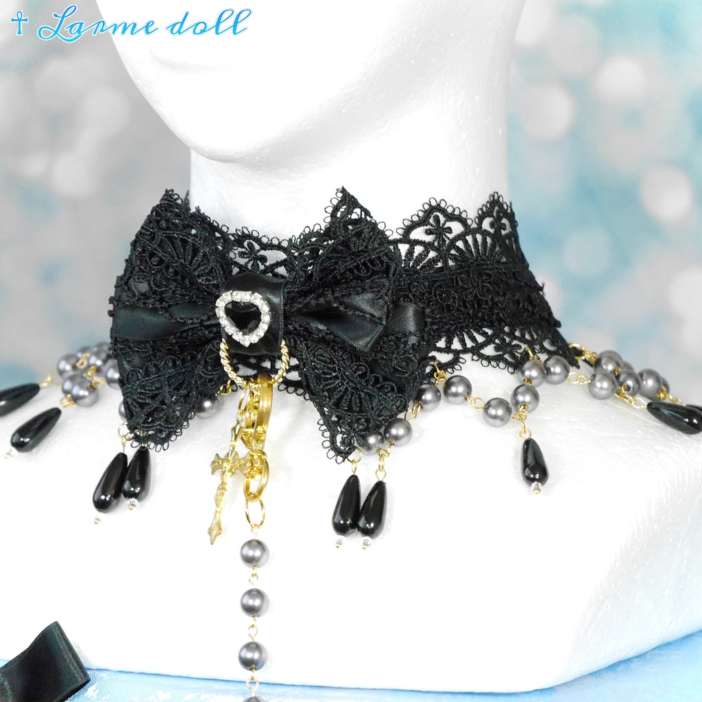 【受注生産】《☥》ロリィタリボンチョーカー リード有無変更可能 (アクリル製丸パールビーズタイプ)(カラー▷黒)