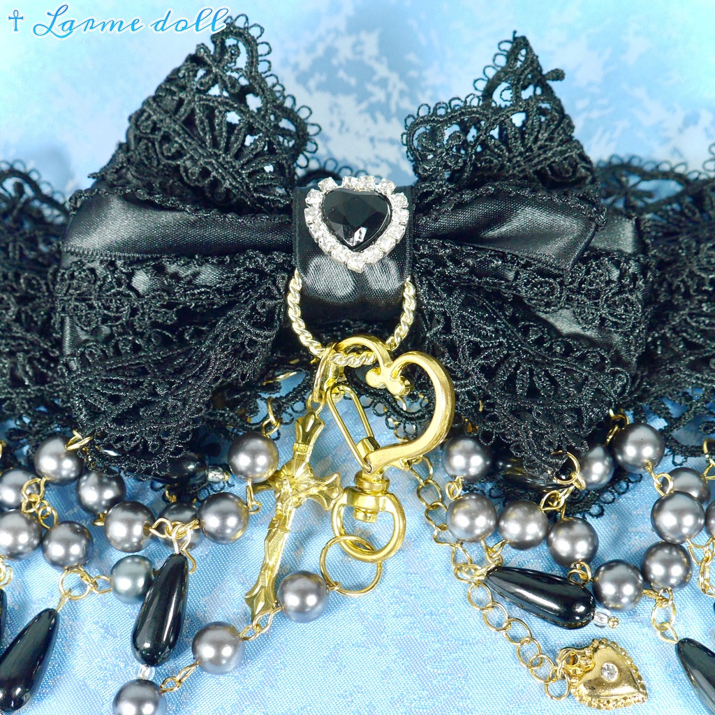 【受注生産】《☥》ロリィタリボンチョーカー リード有無変更可能 (アクリル製丸パールビーズタイプ)(カラー▷黒)