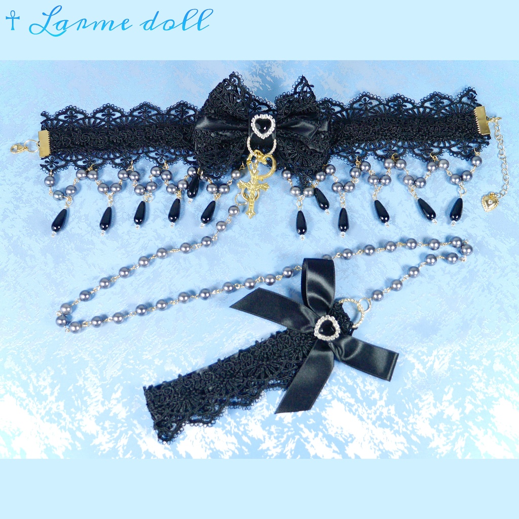 【受注生産】《☥》ロリィタリボンチョーカー リード有無変更可能 (アクリル製丸パールビーズタイプ)(カラー▷黒)