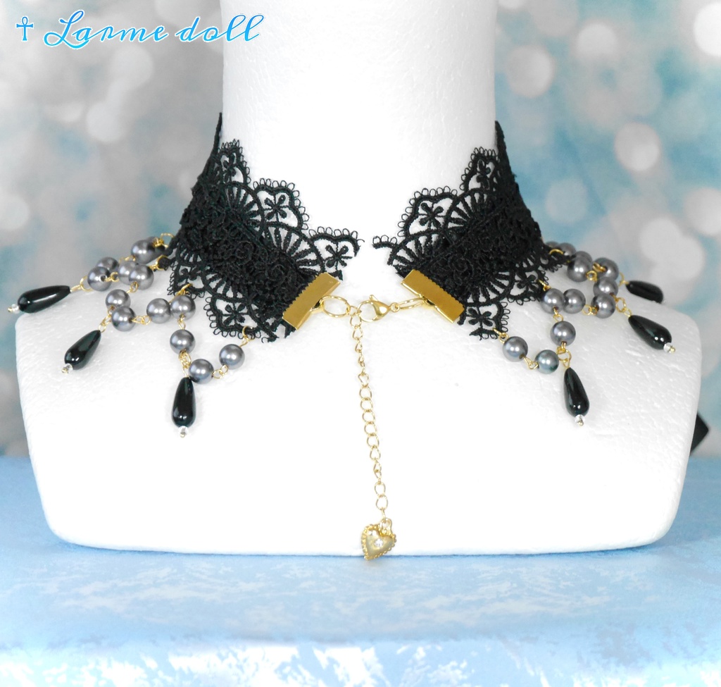 【受注生産】《☥》ロリィタリボンチョーカー リード有無変更可能 (アクリル製丸パールビーズタイプ)(カラー▷黒)