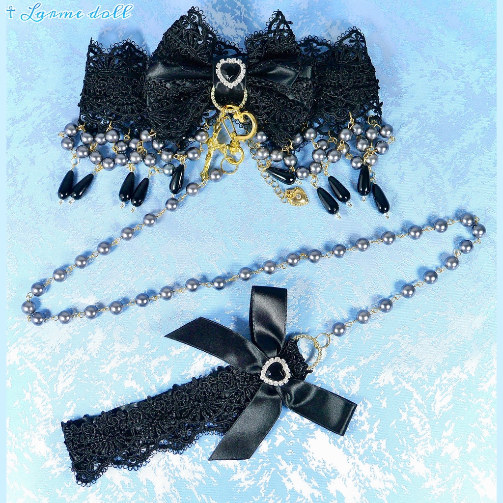 【受注生産】《☥》ロリィタリボンチョーカー リード有無変更可能 (アクリル製丸パールビーズタイプ)(カラー▷黒)