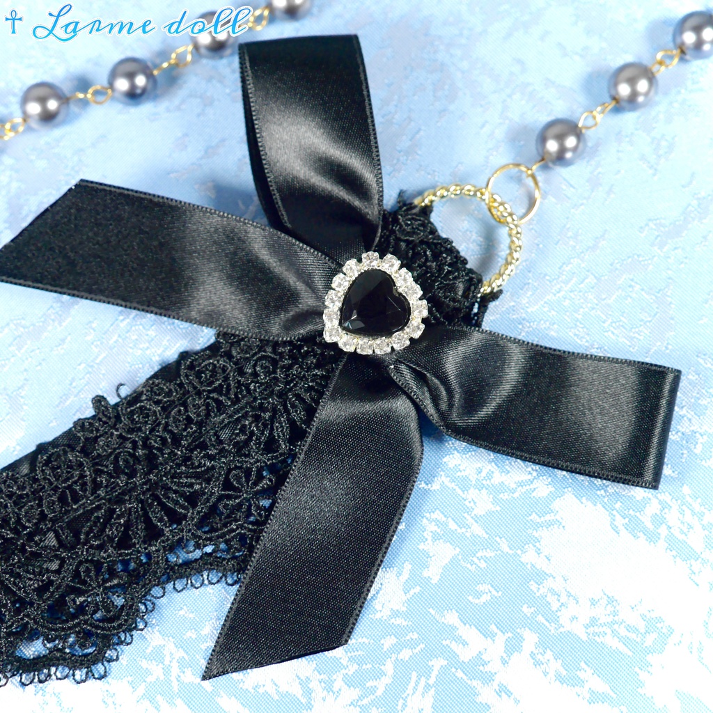 【受注生産】《☥》ロリィタリボンチョーカー リード有無変更可能 (アクリル製丸パールビーズタイプ)(カラー▷黒)