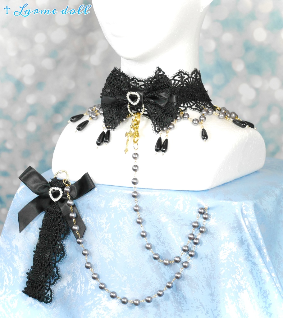 【受注生産】《☥》ロリィタリボンチョーカー リード有無変更可能 (アクリル製丸パールビーズタイプ)(カラー▷黒)