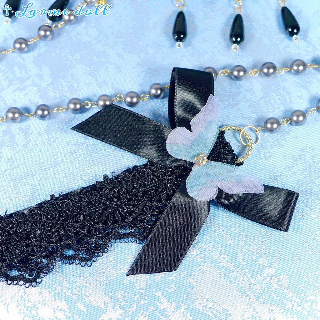 【受注生産】《☥》ロリィタリボンチョーカー リード有無変更可能 (アクリル製丸パールビーズタイプ)(カラー▷黒)