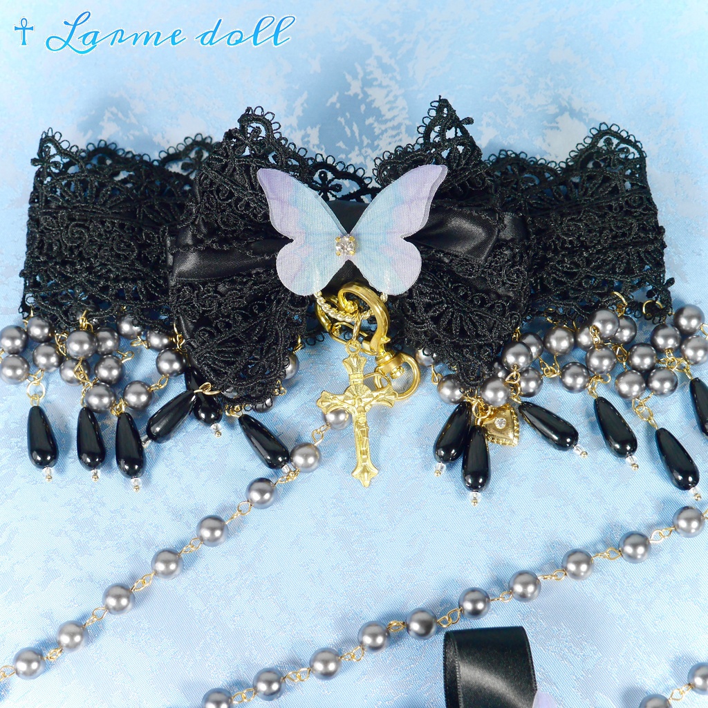 【受注生産】《☥》ロリィタリボンチョーカー リード有無変更可能 (アクリル製丸パールビーズタイプ)(カラー▷黒)