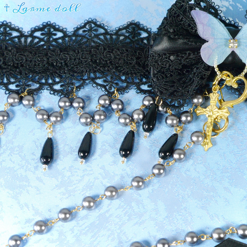 【受注生産】《☥》ロリィタリボンチョーカー リード有無変更可能 (アクリル製丸パールビーズタイプ)(カラー▷黒)