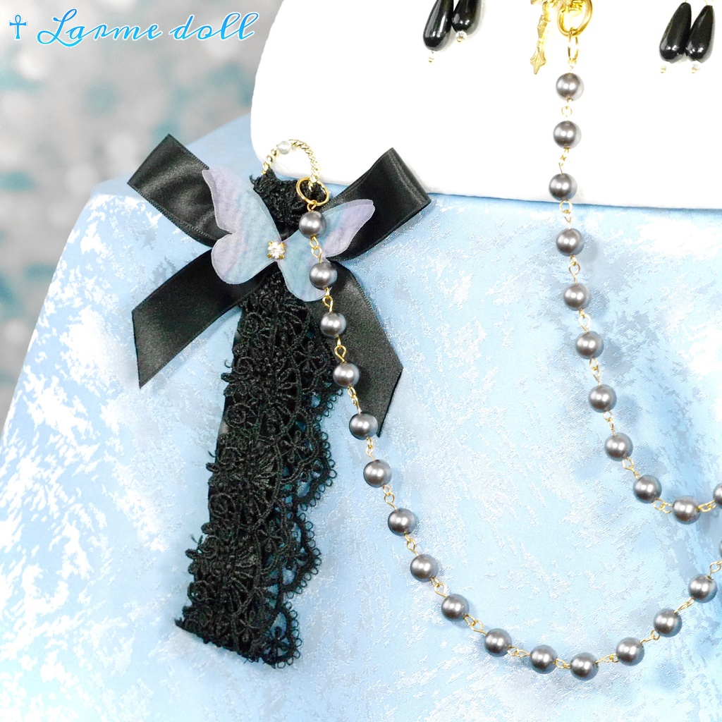 【受注生産】《☥》ロリィタリボンチョーカー リード有無変更可能 (アクリル製丸パールビーズタイプ)(カラー▷黒)