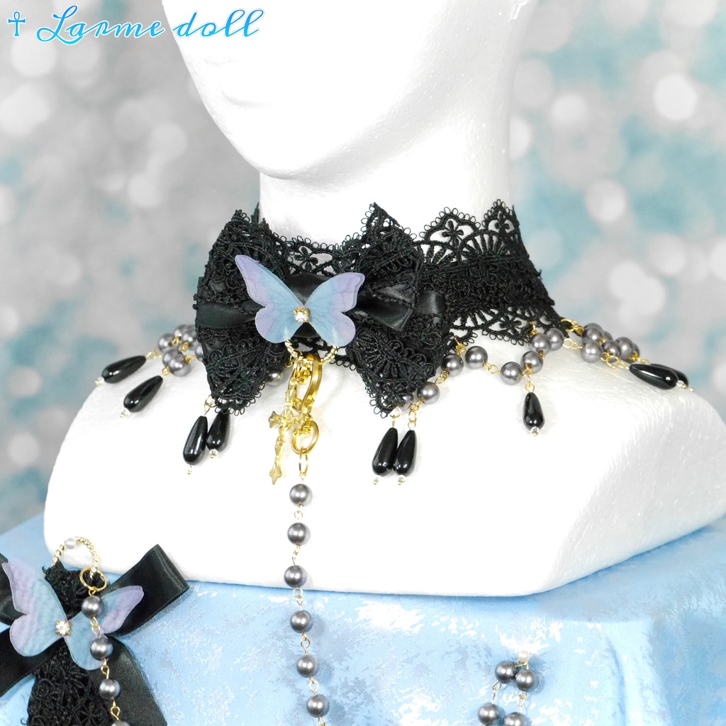 【受注生産】《☥》ロリィタリボンチョーカー リード有無変更可能 (アクリル製丸パールビーズタイプ)(カラー▷黒)