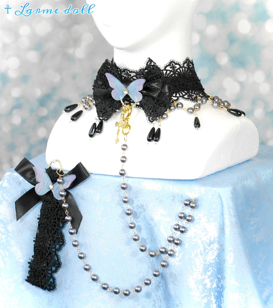 【受注生産】《☥》ロリィタリボンチョーカー リード有無変更可能 (アクリル製丸パールビーズタイプ)(カラー▷黒)