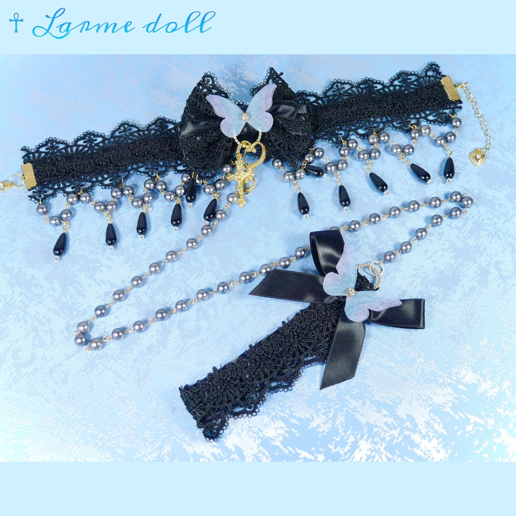 【受注生産】《☥》ロリィタリボンチョーカー リード有無変更可能 (アクリル製丸パールビーズタイプ)(カラー▷黒)