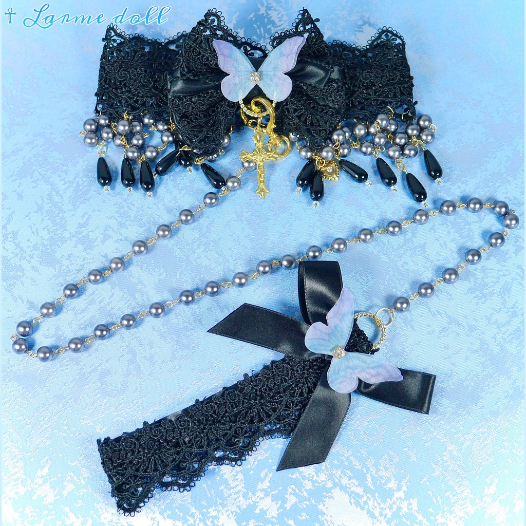 【受注生産】《☥》ロリィタリボンチョーカー リード有無変更可能 (アクリル製丸パールビーズタイプ)(カラー▷黒)