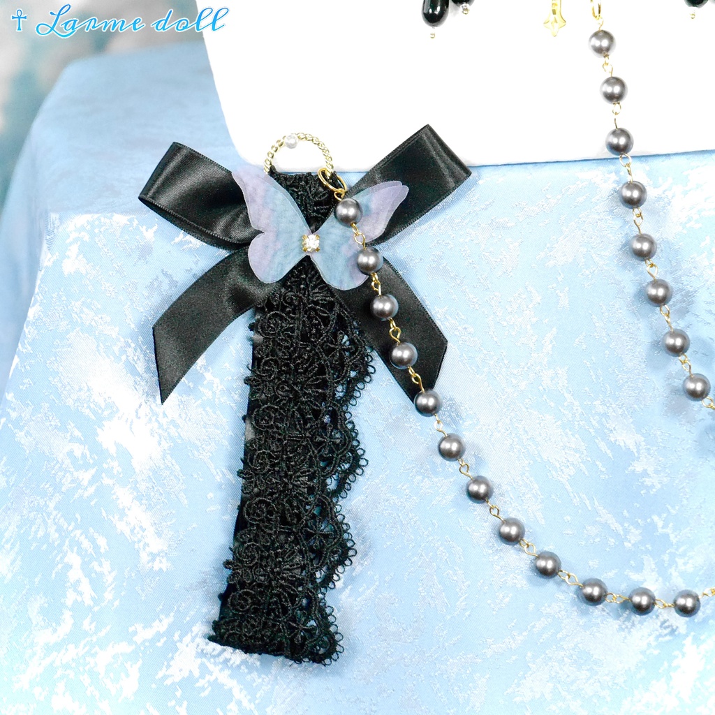 【受注生産】《☥》ロリィタリボンチョーカー リード有無変更可能 (アクリル製丸パールビーズタイプ)(カラー▷黒)