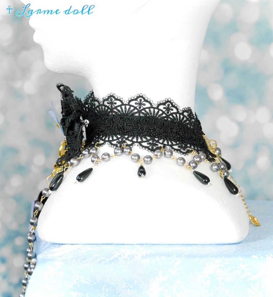 【受注生産】《☥》ロリィタリボンチョーカー リード有無変更可能 (アクリル製丸パールビーズタイプ)(カラー▷黒)