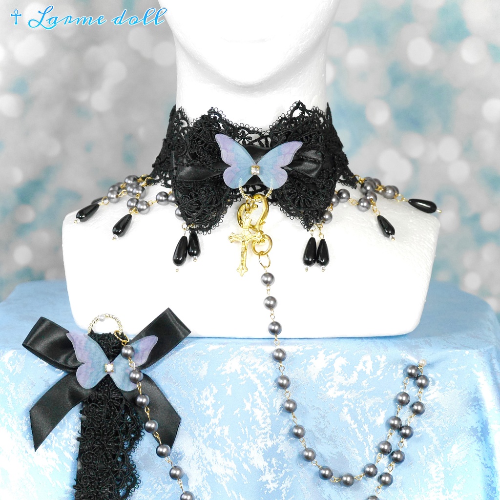 【受注生産】《☥》ロリィタリボンチョーカー リード有無変更可能 (アクリル製丸パールビーズタイプ)(カラー▷黒)