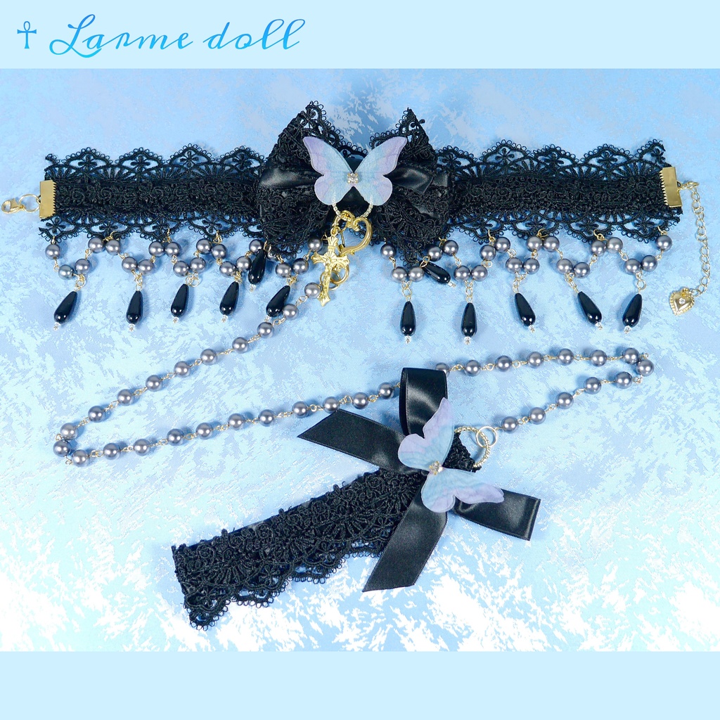 【受注生産】《☥》ロリィタリボンチョーカー リード有無変更可能 (アクリル製丸パールビーズタイプ)(カラー▷黒)