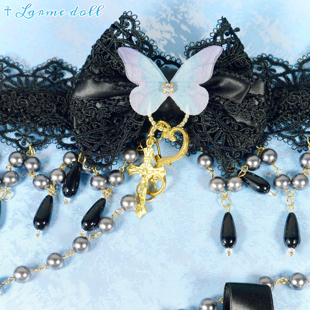 【受注生産】《☥》ロリィタリボンチョーカー リード有無変更可能 (アクリル製丸パールビーズタイプ)(カラー▷黒)