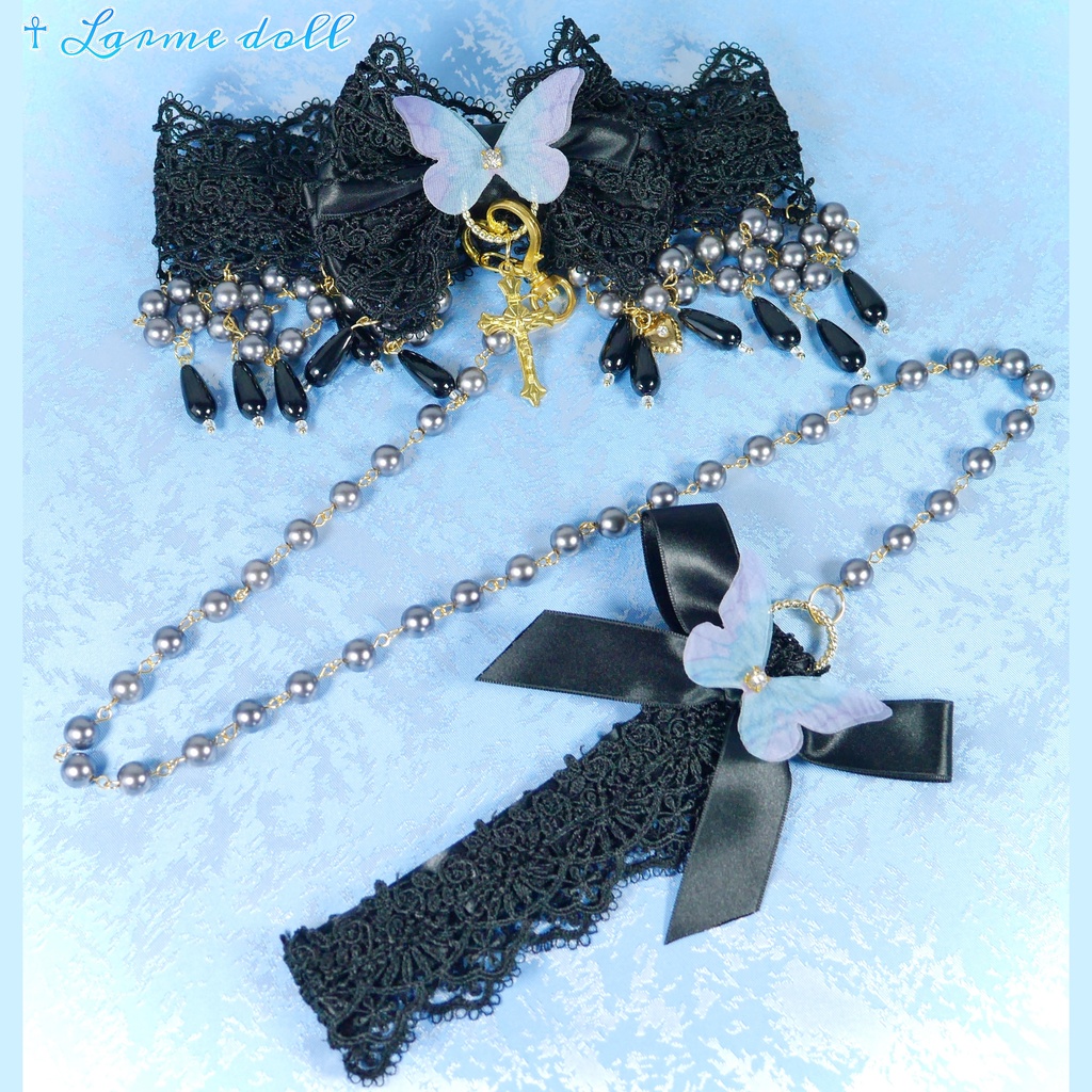 【受注生産】《☥》ロリィタリボンチョーカー リード有無変更可能 (アクリル製丸パールビーズタイプ)(カラー▷黒)