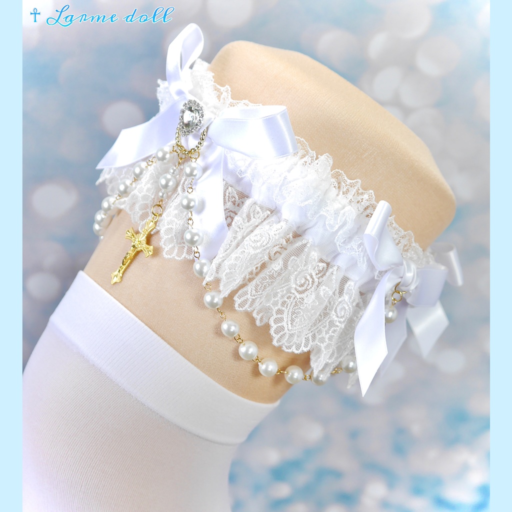 【受注生産】《☥》ロリィタガーターリング ガラス製パールビーズタイプ (白)