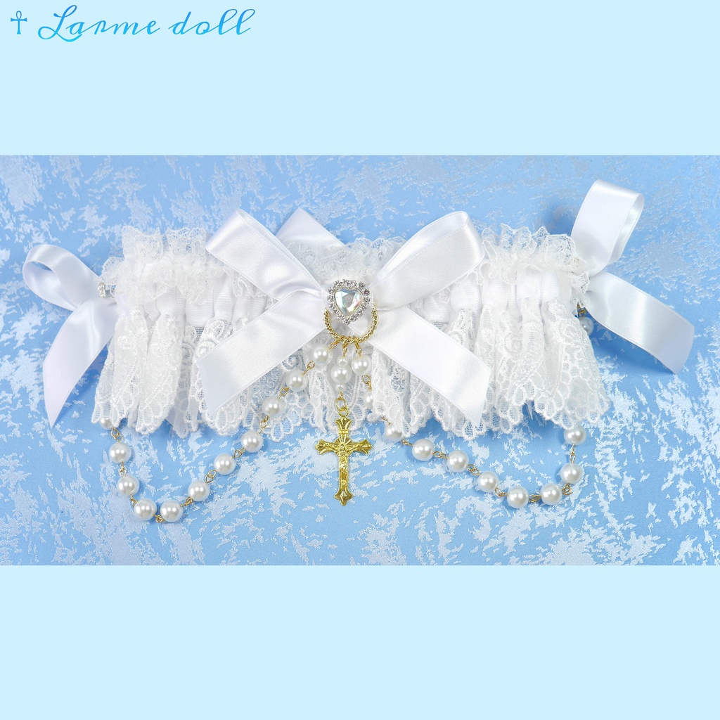 【受注生産】《☥》ロリィタガーターリング ガラス製パールビーズタイプ (白)