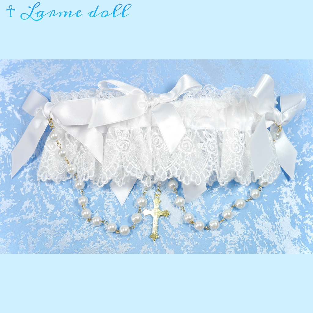 【受注生産】《☥》ロリィタガーターリング ガラス製パールビーズタイプ (白)