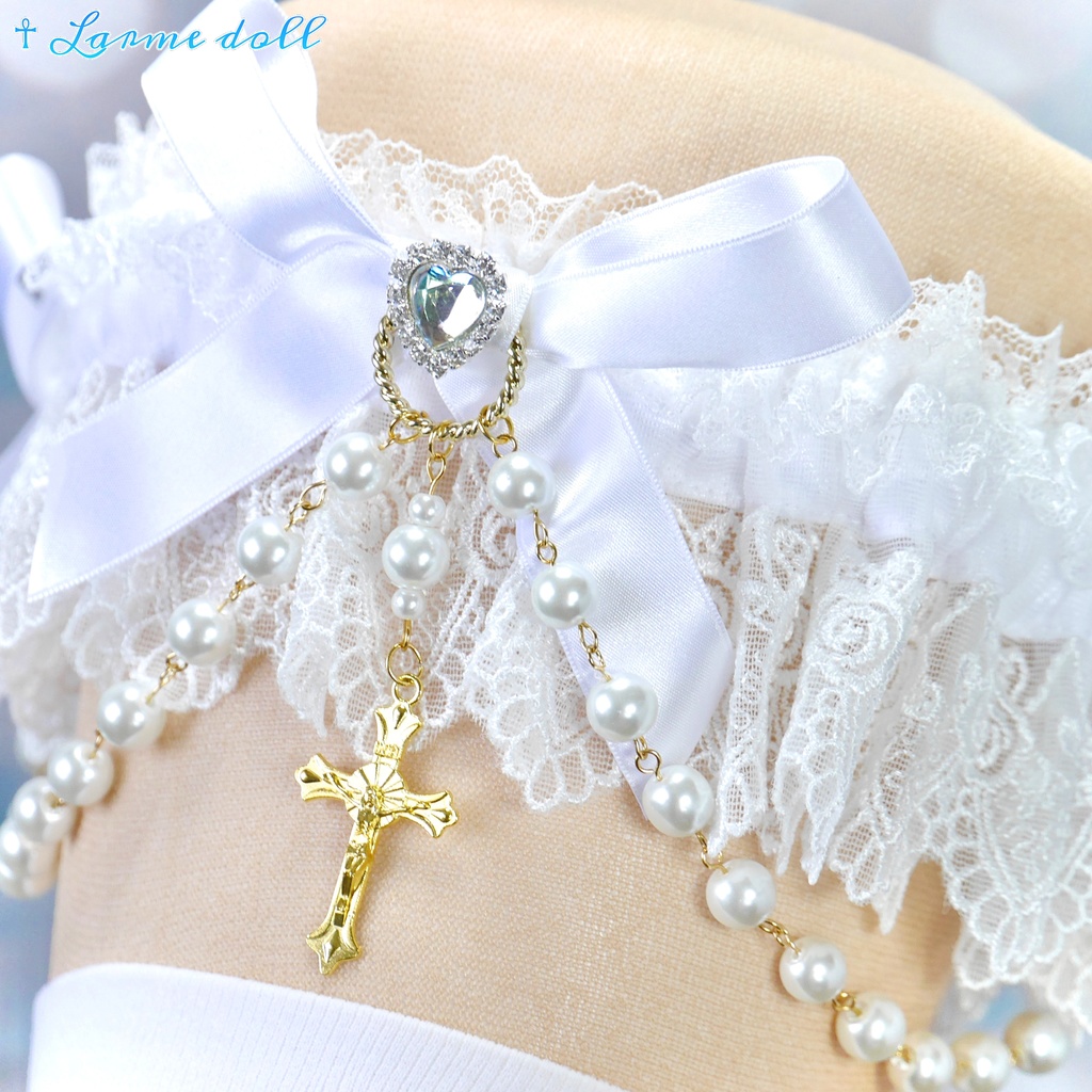 【受注生産】《☥》ロリィタガーターリング ガラス製パールビーズタイプ (白)