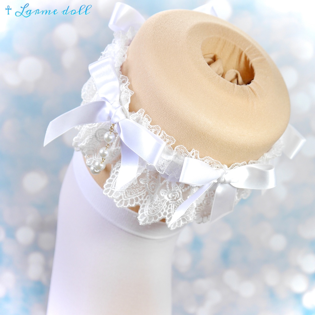 【受注生産】《☥》ロリィタガーターリング ガラス製パールビーズタイプ (白)